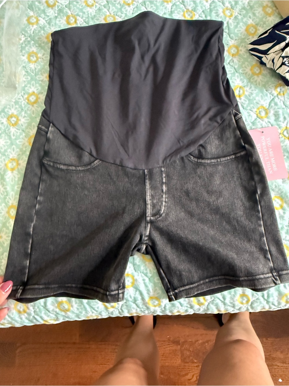 High-Rise Maternity Black Denim-Style Shorts